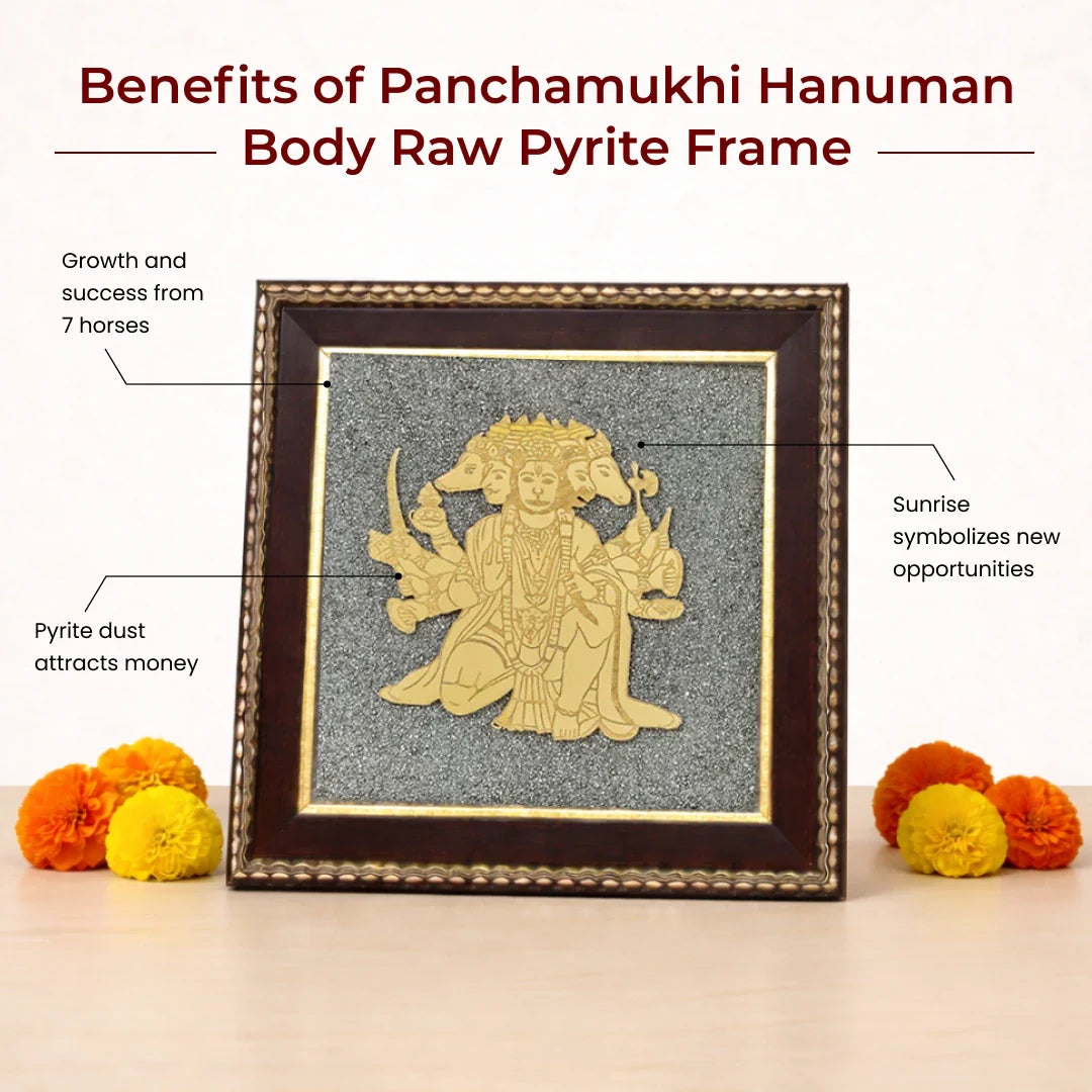 “Panchamukhi Hanuman Raw Pyrite Frame — A Symbol of Strength & Protection”