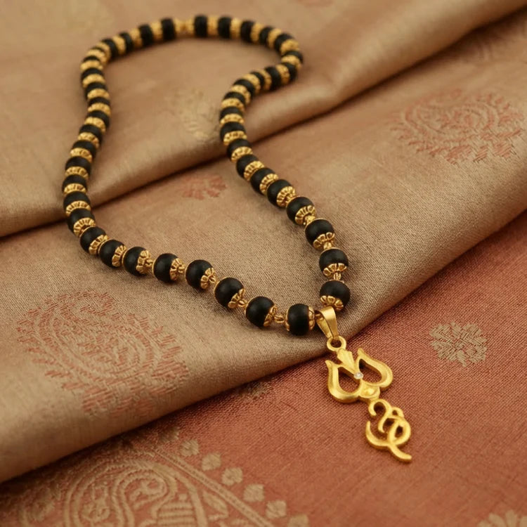 Karungali Gold Cap Mala with Om & Trishool Pendant